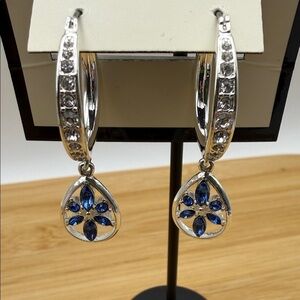 NWT Napier Blue & Clear Simulated Crystal Flower Drop Hoop Earrings